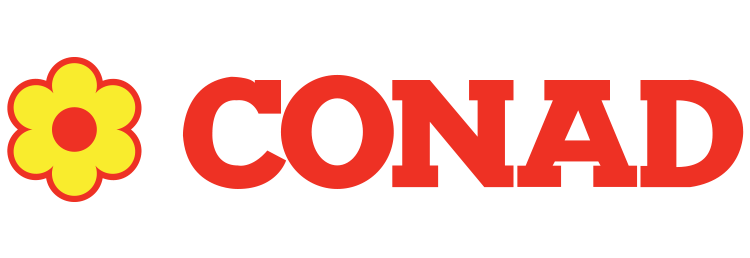 Un logo Conad rosso e giallo con un fiore giallo