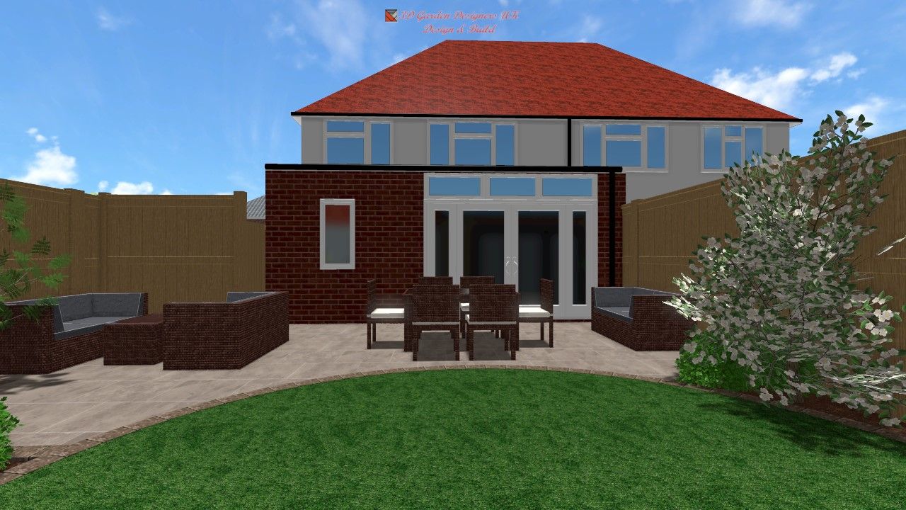 Backyard patio with seating, table, and a two-story house with a red roof. Green grass and blue sky.