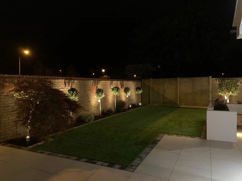A backyard at night with up lit trees and a strip of green grass, with a dark sky.