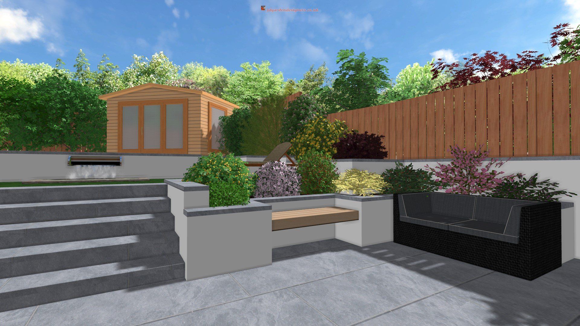 Render of a garden design with a shed, tiered levels, patio, built-in bench, and seating area.