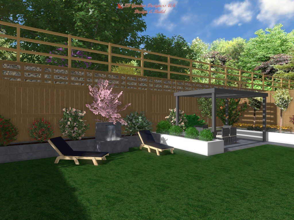 Lawn chairs on a green lawn with flower beds and a pergola in a sunny backyard with a wooden fence.