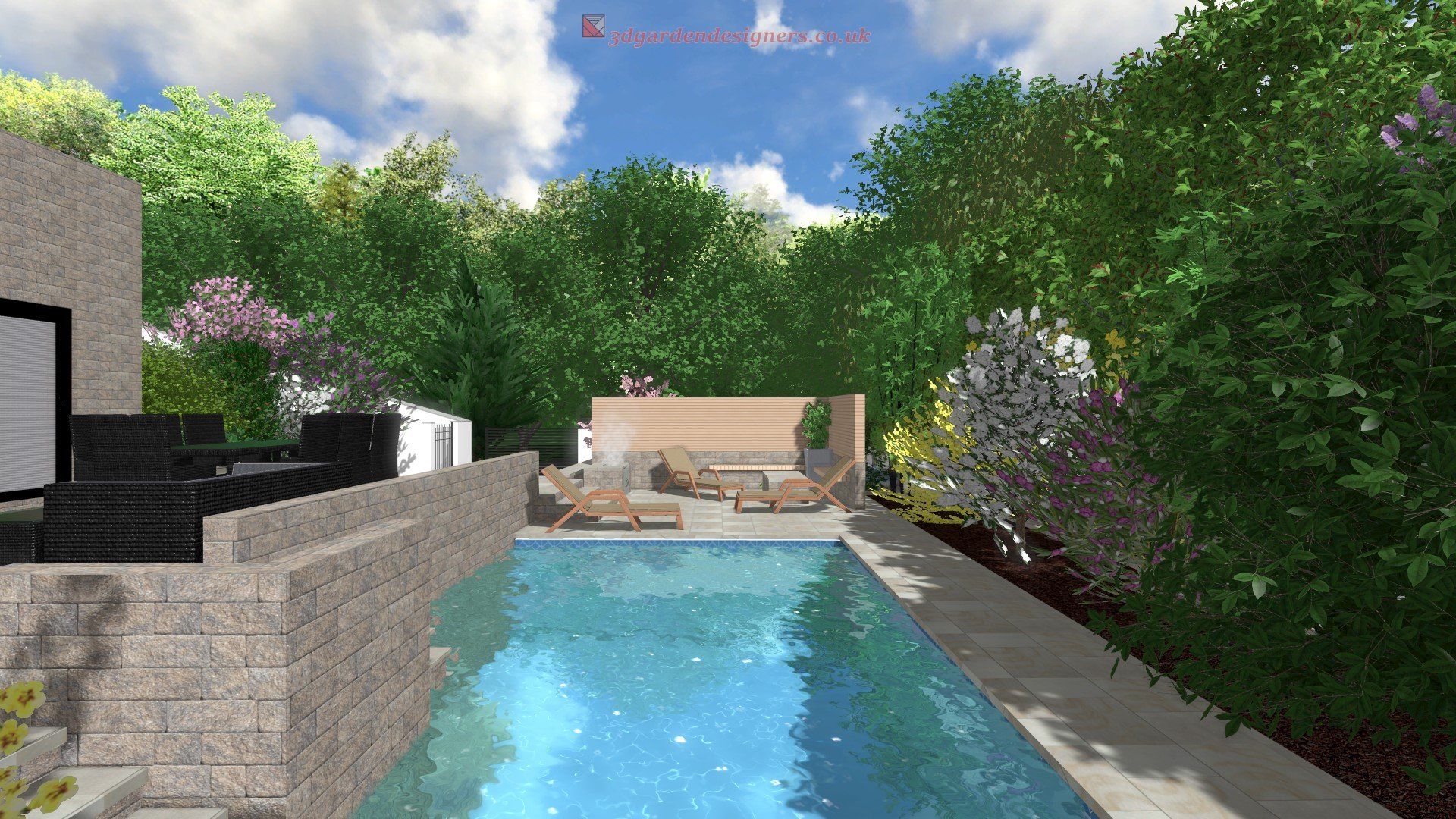 A swimming pool surrounded by greenery and lounge chairs on a sunny day.