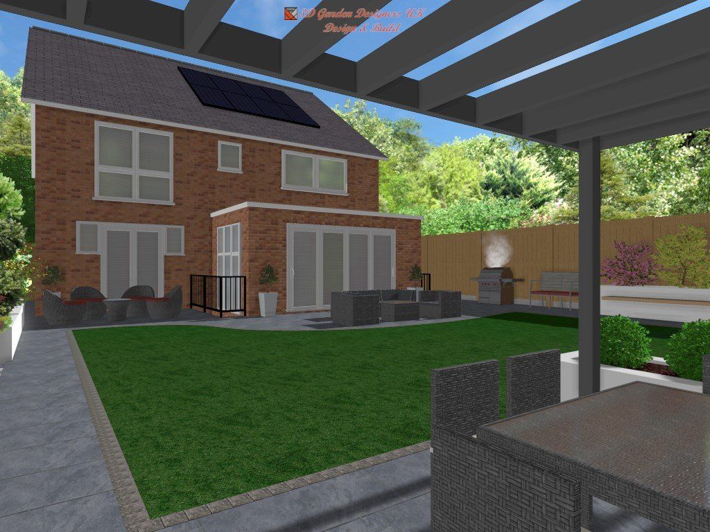 Backyard with a brick house, pergola, patio furniture, and lawn. Sunny day.