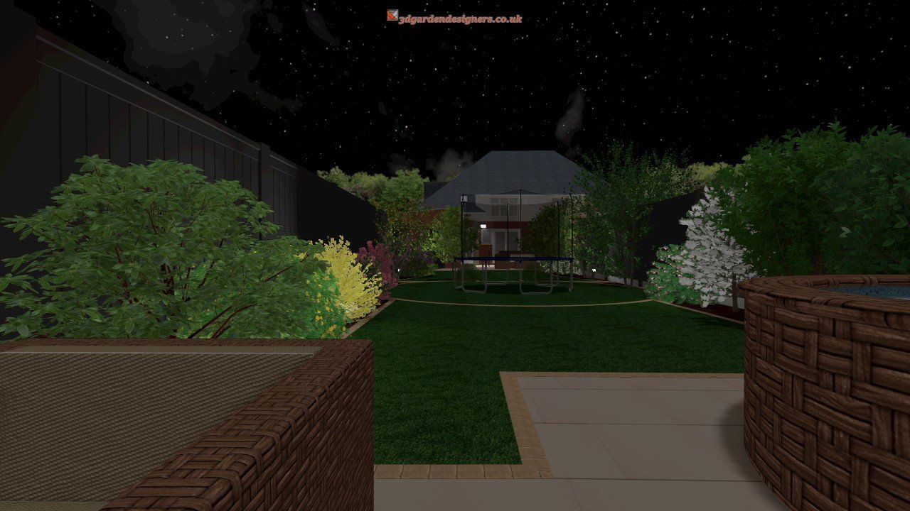 Backyard scene at night. Green lawn, hedges, and a house under a starry sky.