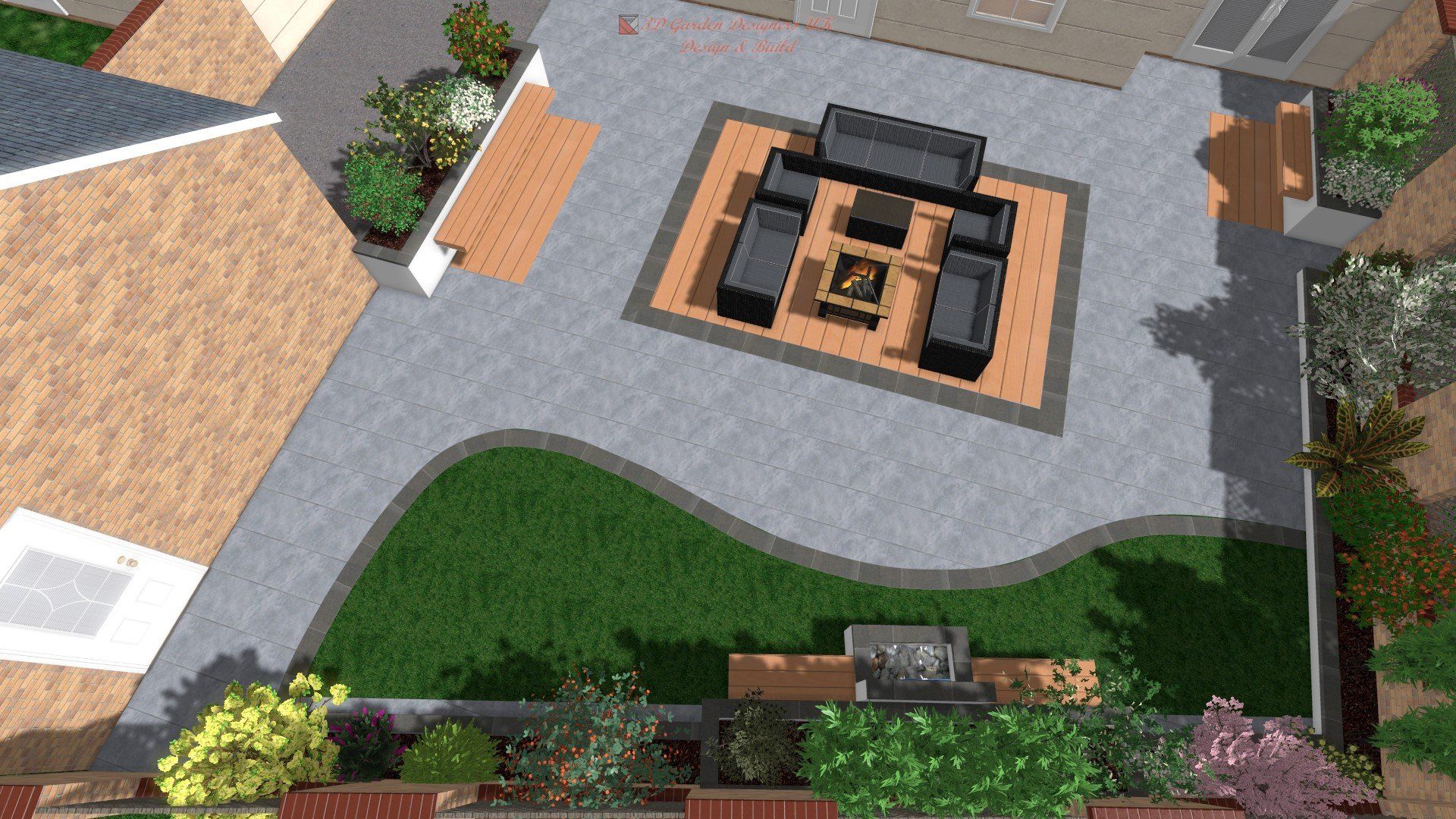 Overhead rendering of a modern backyard patio with seating area, fire pit, and landscaping. Gray and wood tones.