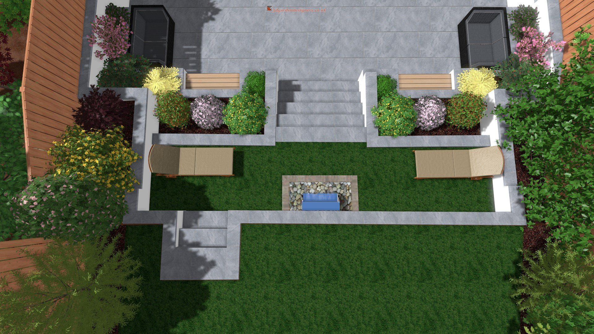 Top-down view of a modern backyard with a patio, steps, seating, and a water feature. Green grass surrounds the design.