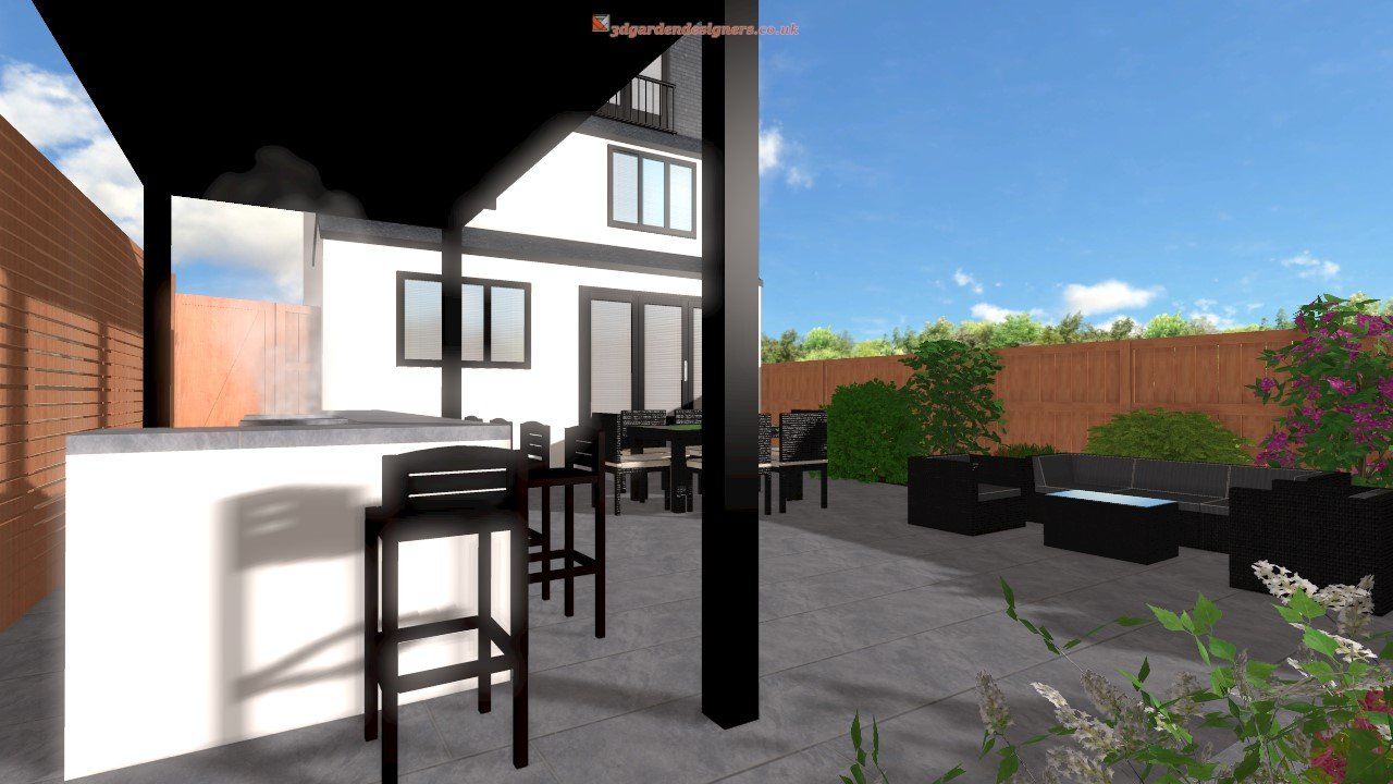 Backyard patio with bar, seating, and house, sunny day.