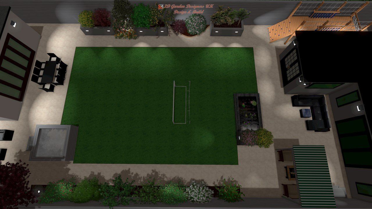 Overhead view of a modern patio with a green lawn, seating area, and landscaping.