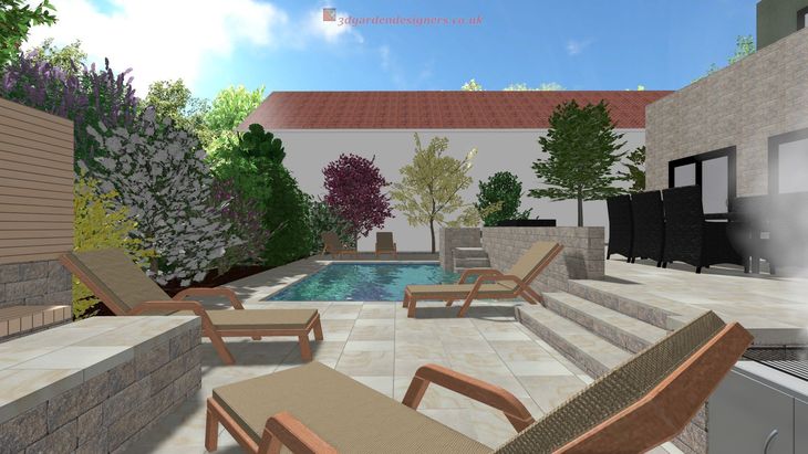 Backyard with a pool, lounge chairs, and landscaping. Sunny day with a building in the background.