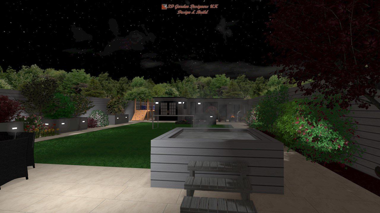 Nighttime backyard scene with a hot tub, lawn, and trees under a starry sky.