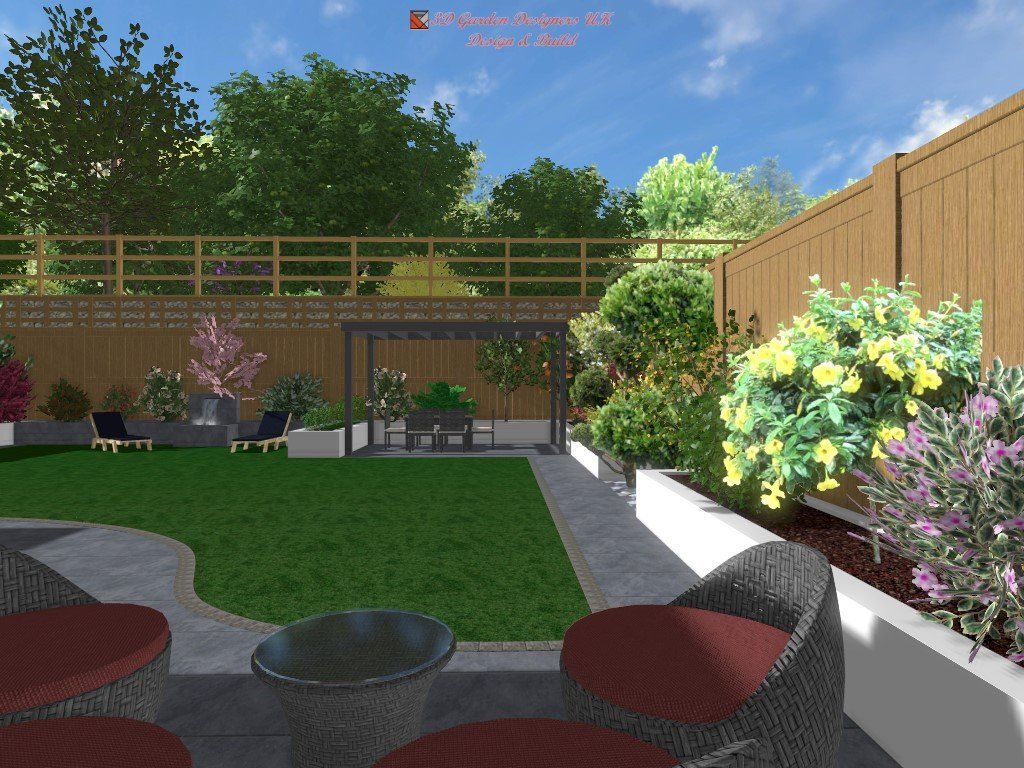 Backyard landscape rendering with patio furniture, green lawn, plants, and wooden fences under a blue sky.
