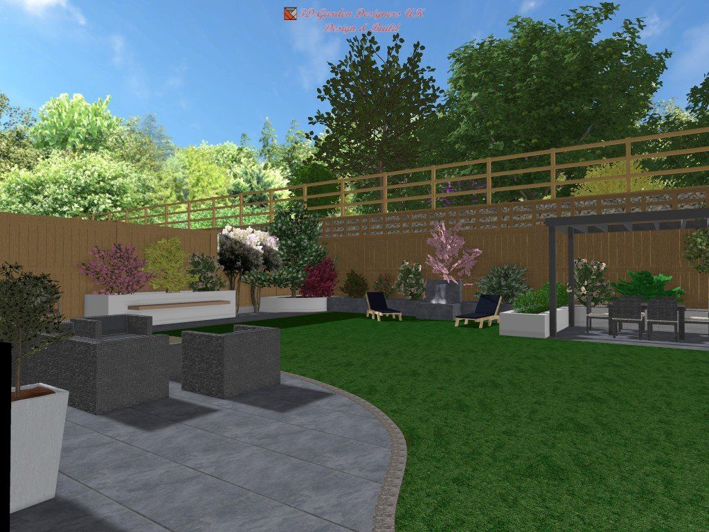 Rendered garden design with lawn, patio, planters, trees, and pergola under blue sky.