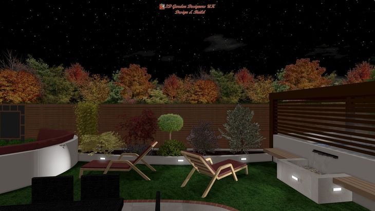 Nighttime garden scene with seating, landscaping, and a starry sky. Autumn foliage in warm colors.