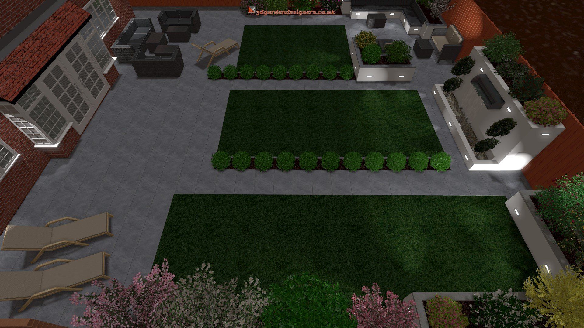 Overhead view of a modern backyard with a brick house, patios, grass, and built-in planters.