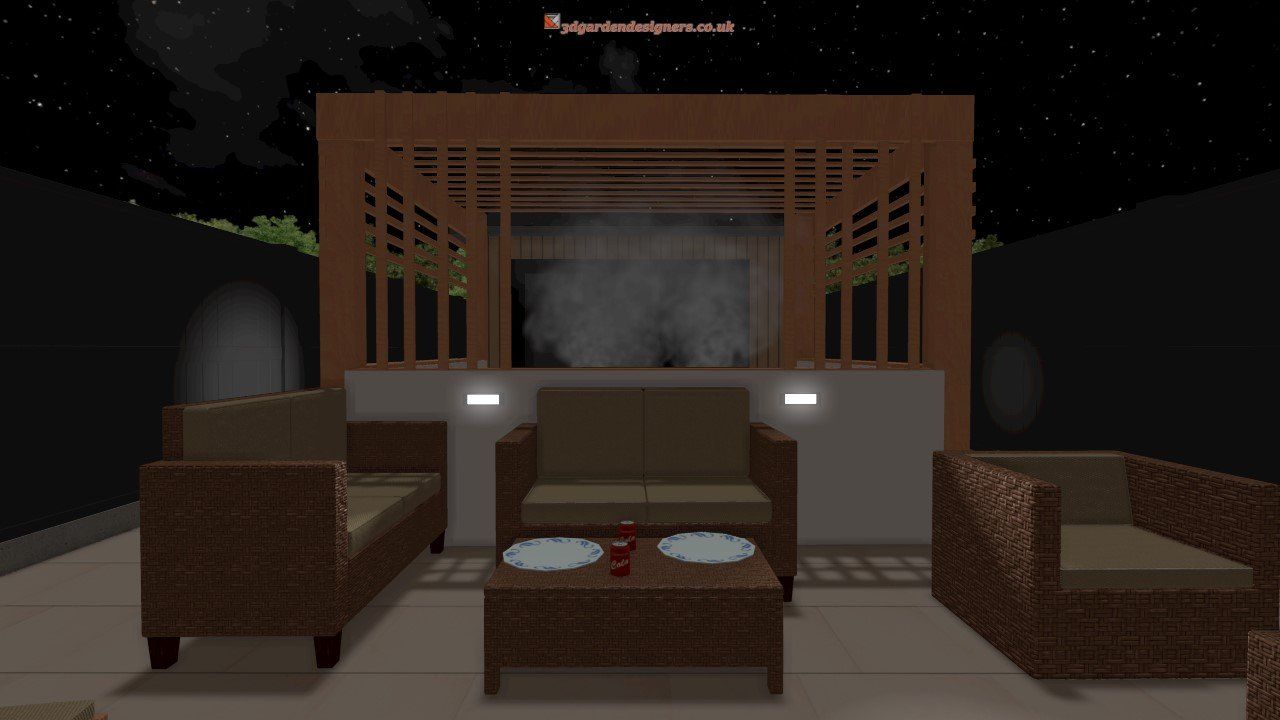 Outdoor patio at night, with seating around a table and a gazebo. Smoke rises from an unseen source.