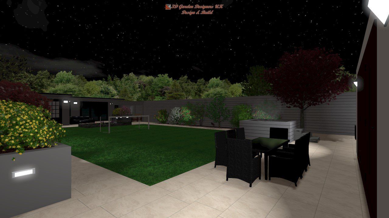 A nighttime backyard scene with green lawn, patio furniture, and illuminated landscaping.
