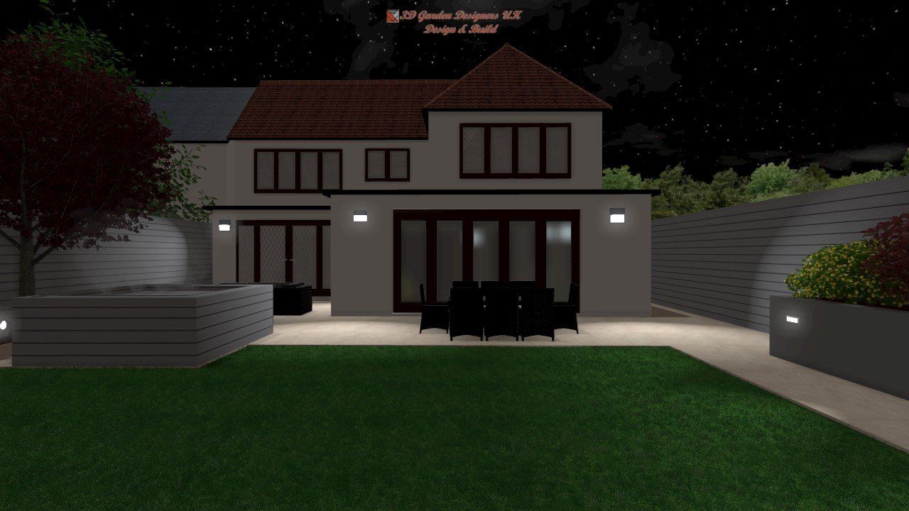 Backyard view of modern house at night with patio furniture, lit garden beds, and dark sky.