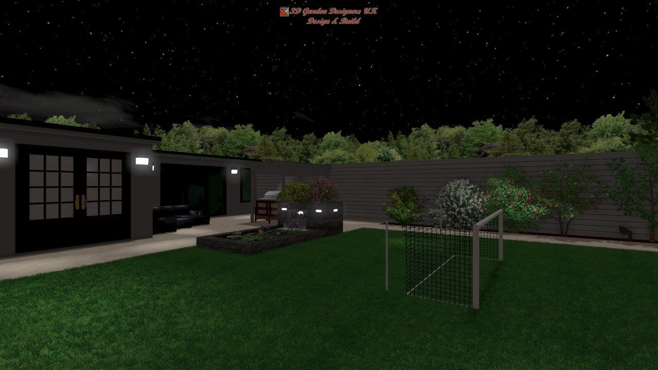 Nighttime backyard scene; garage, lawn, garden with small trees and bushes, starry sky.