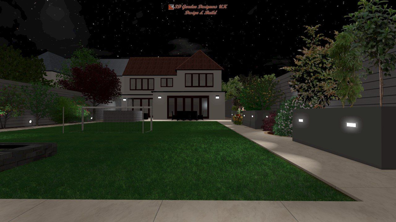 Nighttime view of a house with a green lawn, garden, and pathway. Trees and stars are visible.
