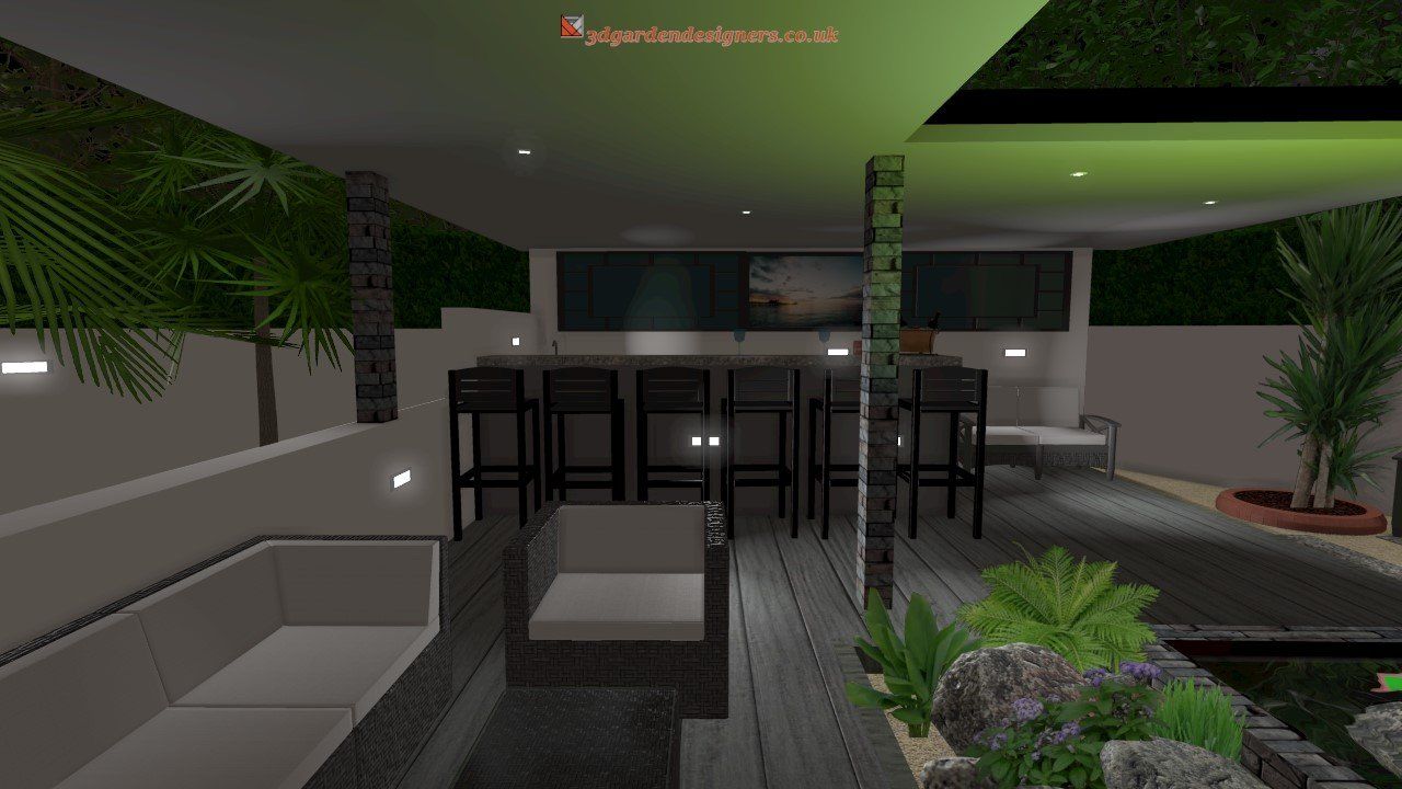 Outdoor lounge area with a bar, seating, and greenery, illuminated with green light.