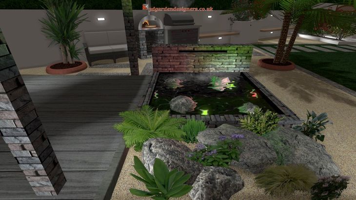 Outdoor landscape with a rectangular pond, plants, rocks, and a brick wall with lights.
