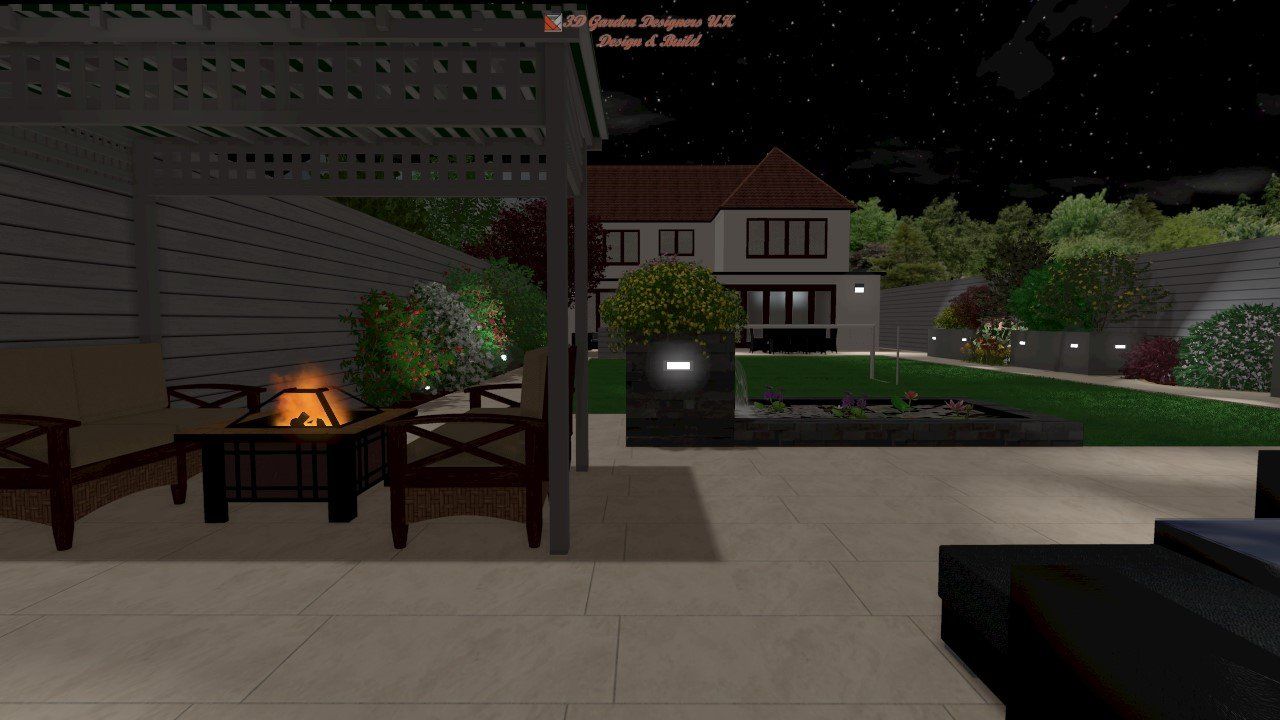 Night scene of a backyard patio with a fire, seating, and a house in the background.