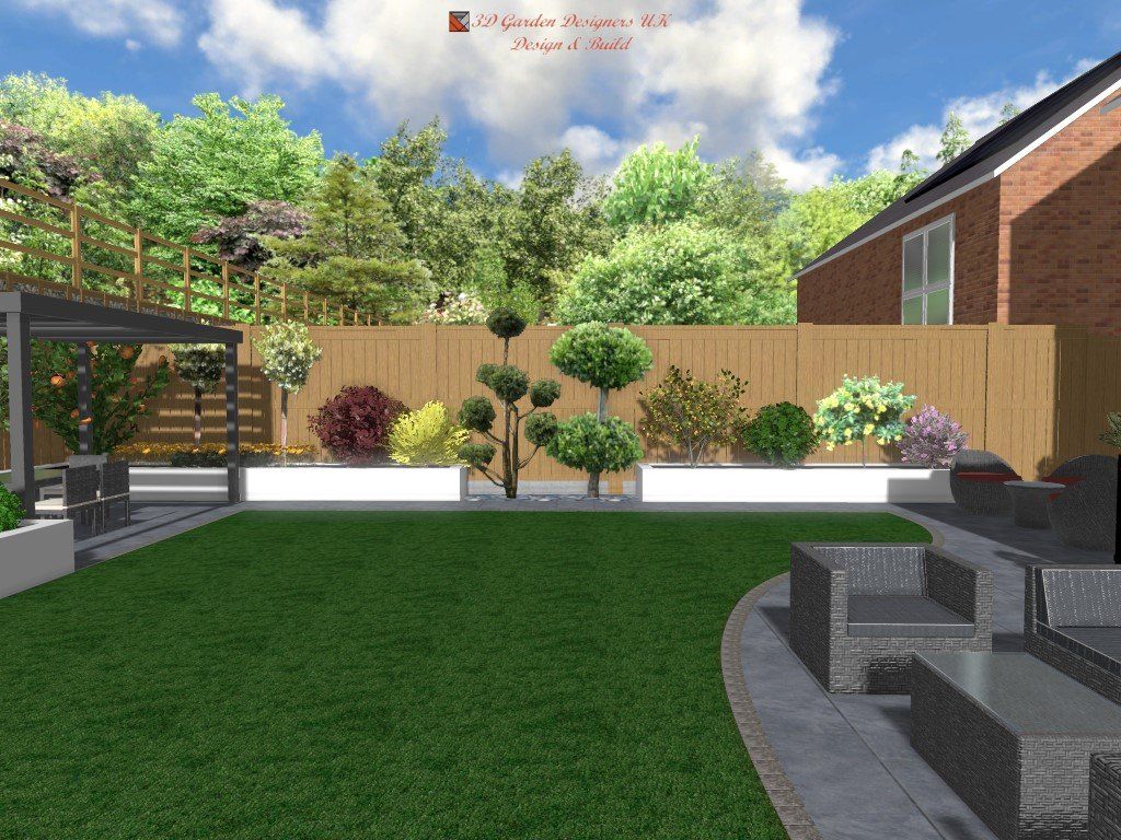 Backyard with lawn, patio seating, and a long planter box filled with shrubs against a wooden fence.