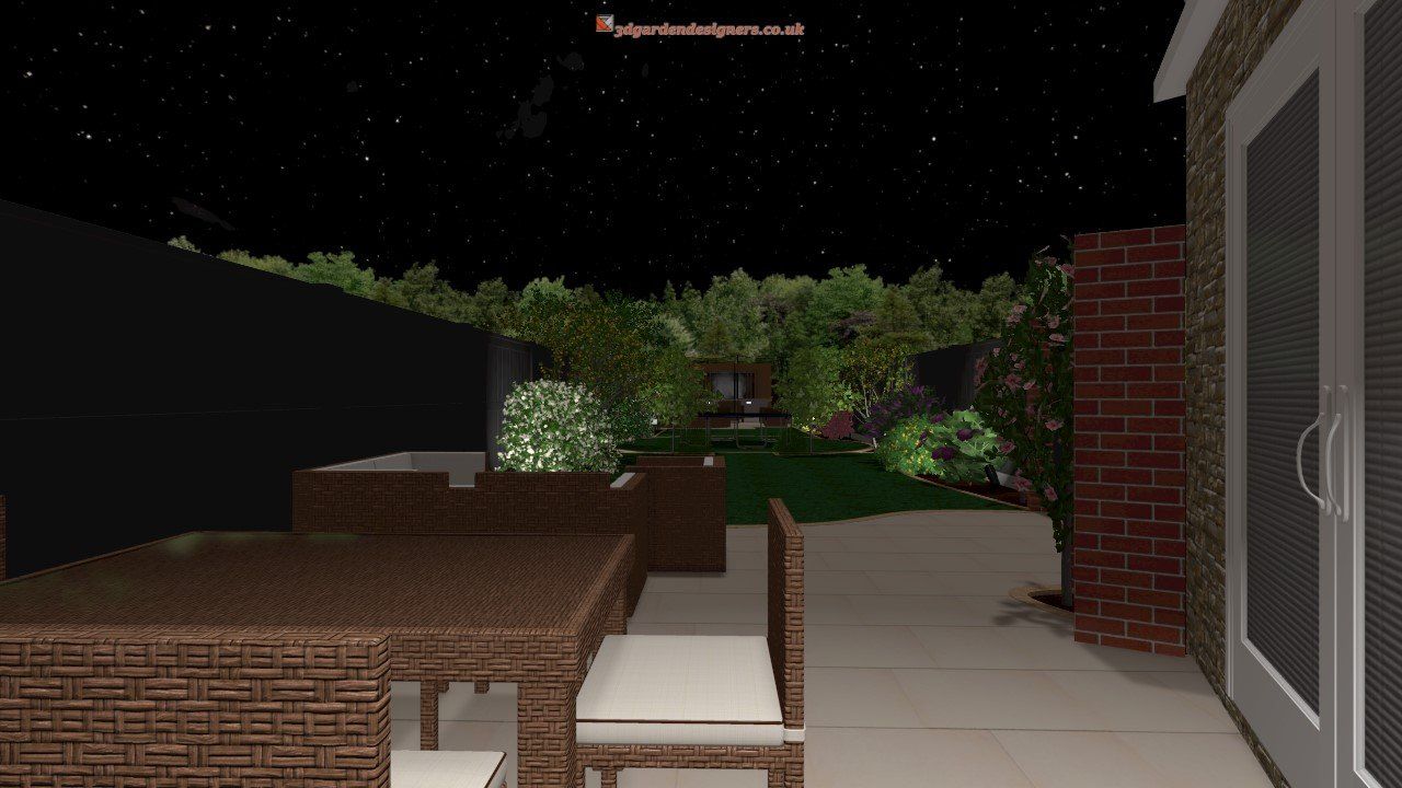 Nighttime backyard scene with patio furniture and illuminated landscaping under a starry sky.