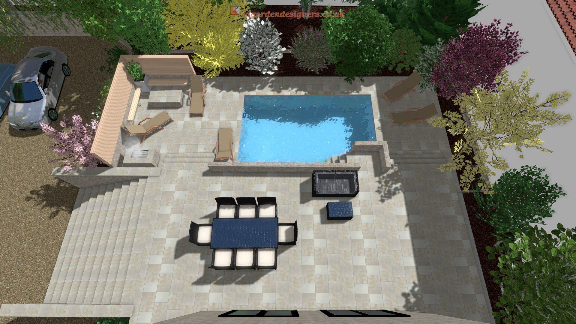 Overhead view of a patio with a pool, seating areas, and a dining table surrounded by landscaping and a parked car.