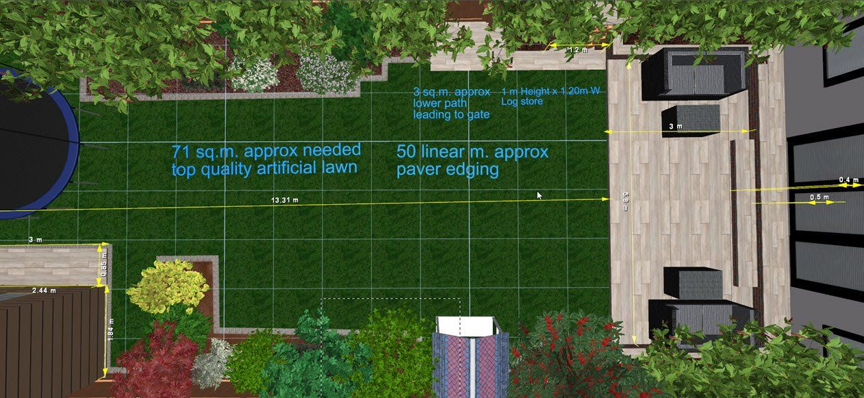 Overhead view of a backyard design with a trampoline, lawn, patio, seating, and landscaping.