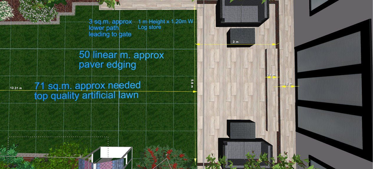 Overhead view of a modern backyard design with a lawn and seating area on a wooden deck. Text annotations.