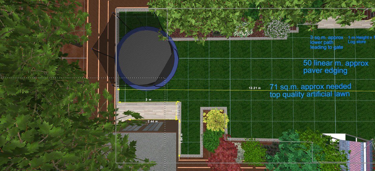 Overhead view of a backyard with a trampoline, grass, and surrounding trees.