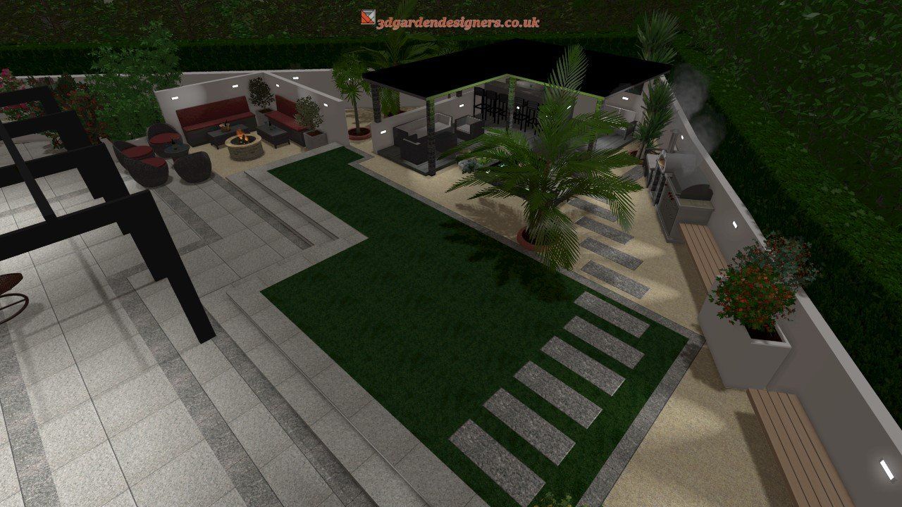 A modern backyard design with a patio, lawn, and pergola. Features a seating area and landscaping.