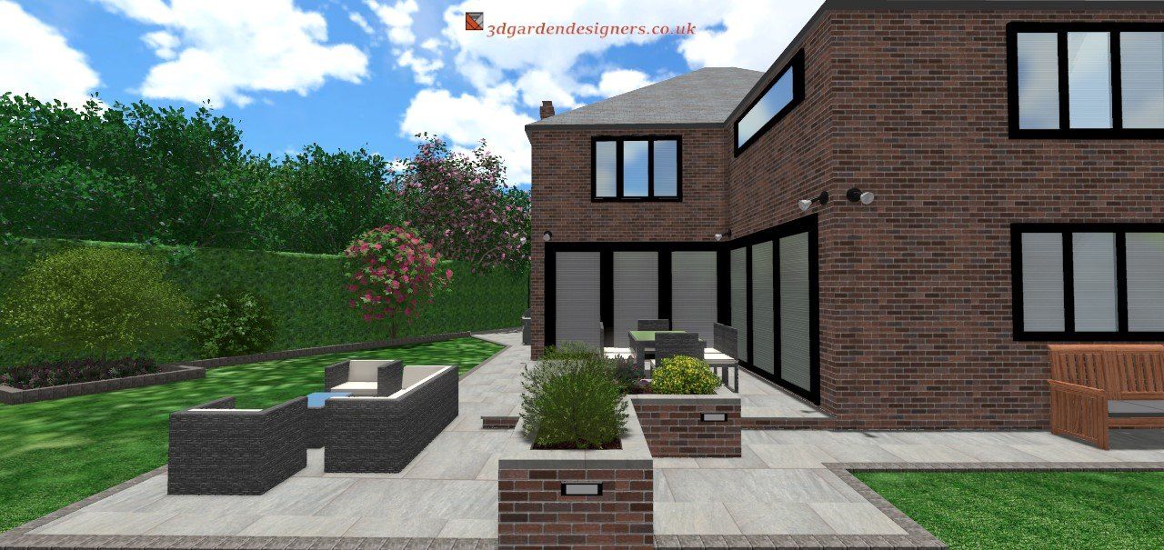 A brick house with a paved patio, outdoor seating, and a garden on a sunny day.
