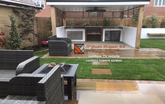 Outdoor kitchen with a TV, seating area, and a fire pit.