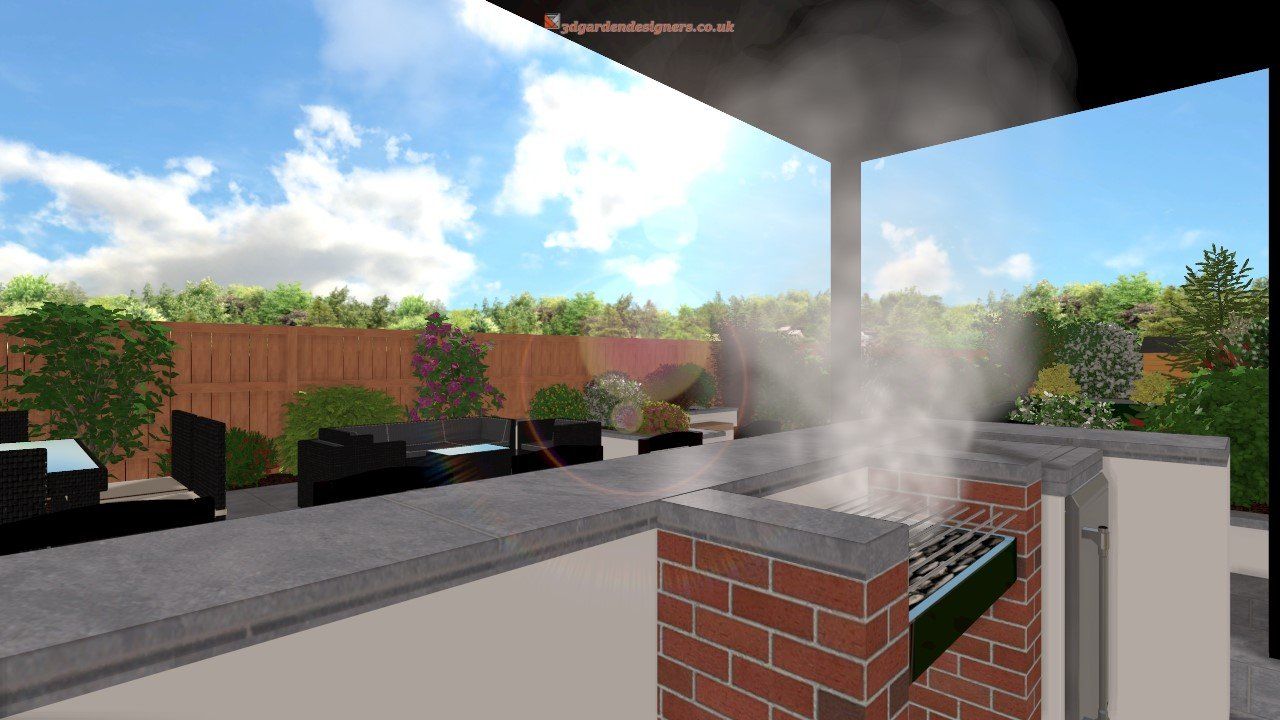 Outdoor barbecue with brick grill, smoke rising. Grey concrete countertop, seating area, trees and sky visible.