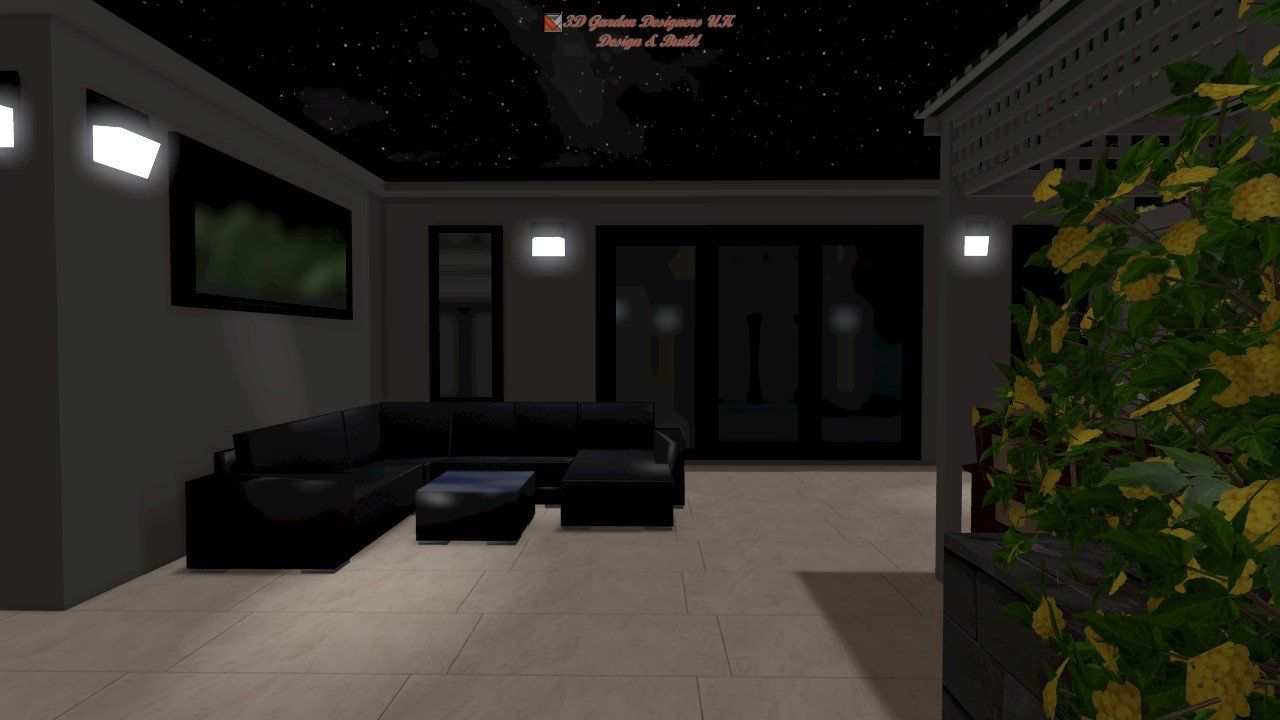 Outdoor patio at night, black sectional sofa, glass coffee table, night sky.