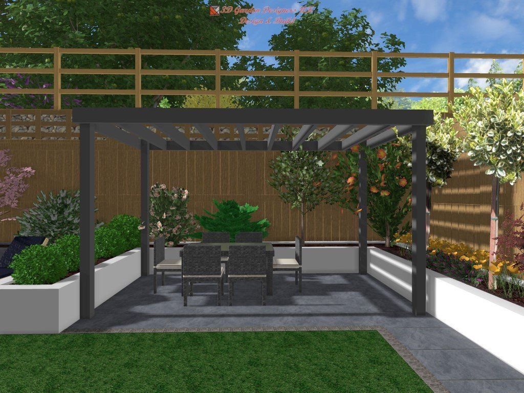 Pergola over outdoor dining set in a garden with raised beds and a wooden fence.