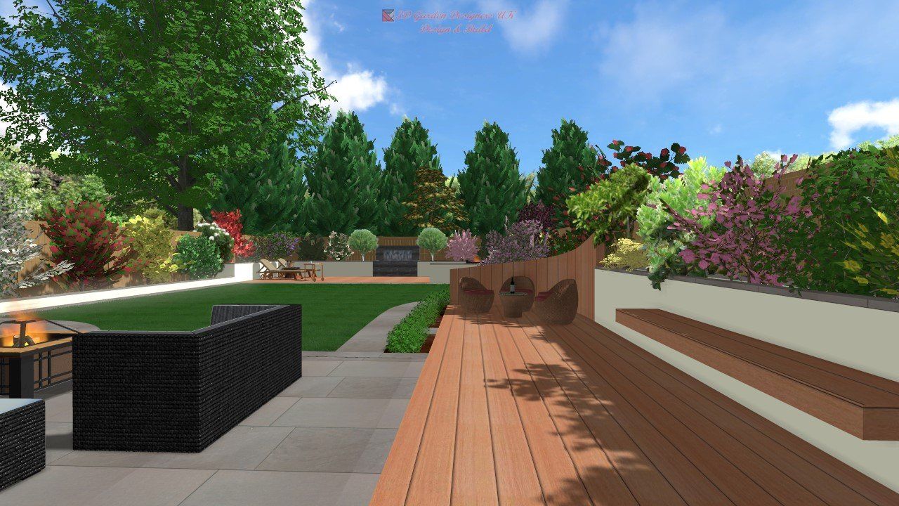 Outdoor living space with a wooden deck, lawn, and garden under a bright blue sky.