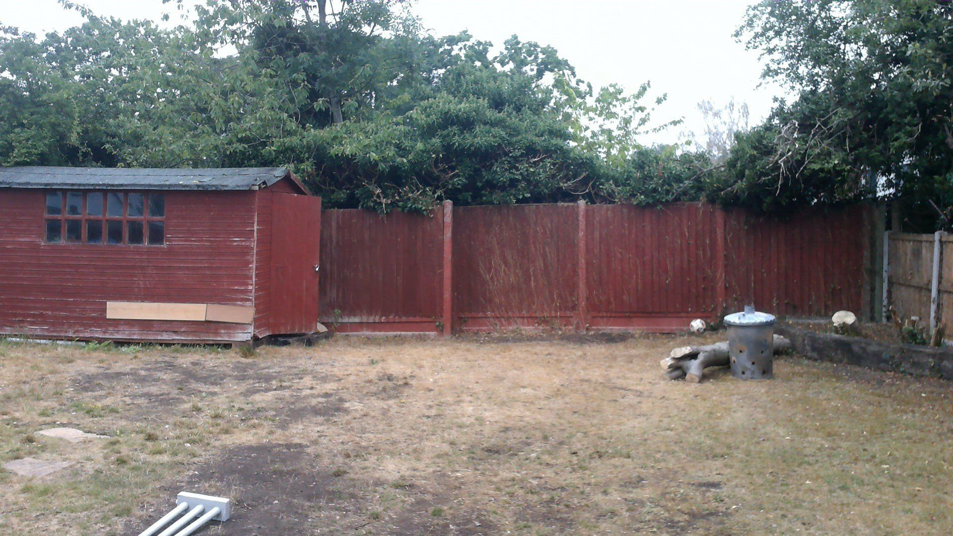 Brown shed and red fence in a backyard with dry grass and green trees.