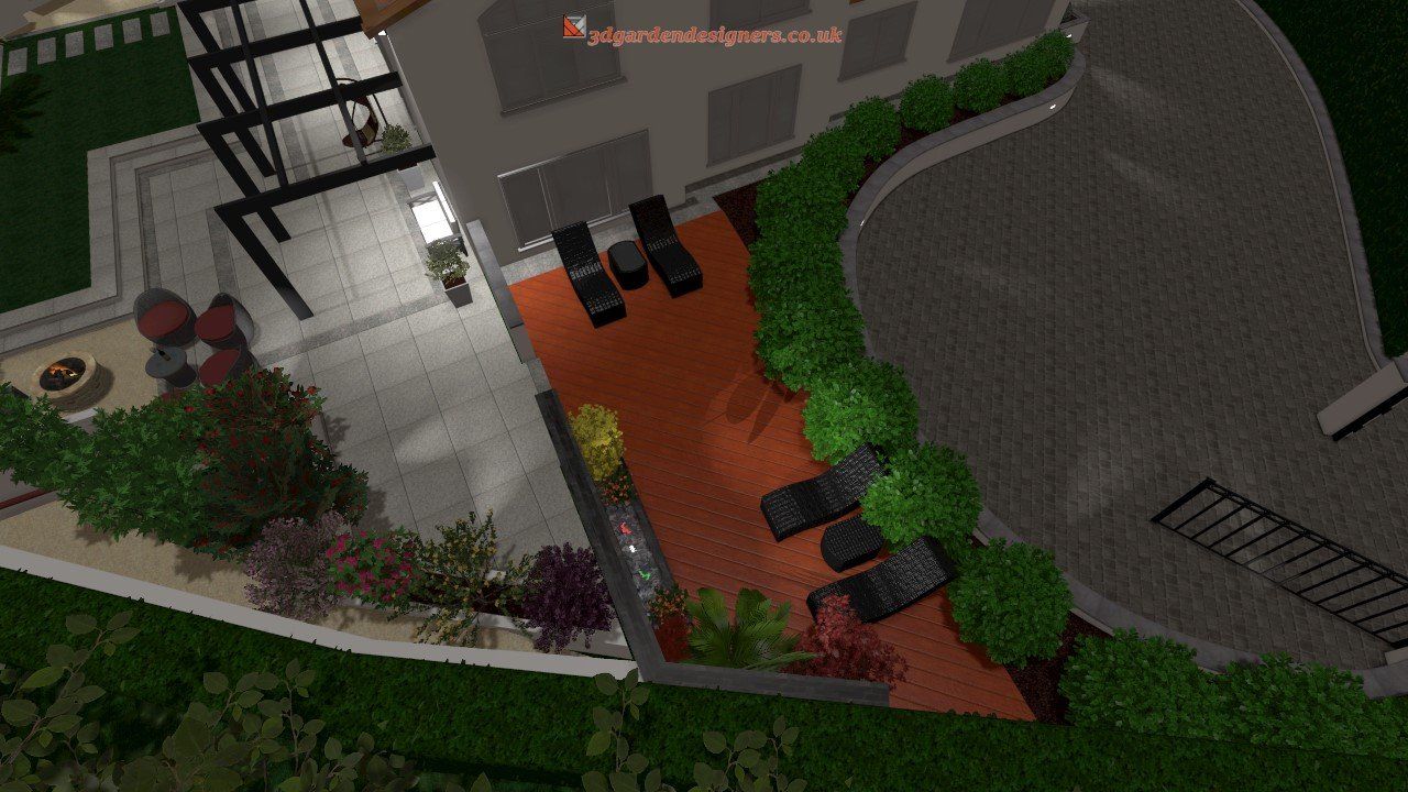 Overhead view of a modern patio with lounge chairs, surrounded by greenery and a building.