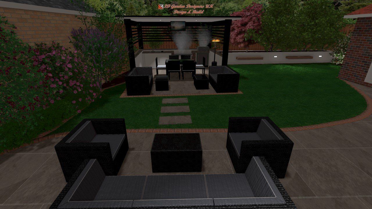 Patio with black furniture, pergola, and green lawn.