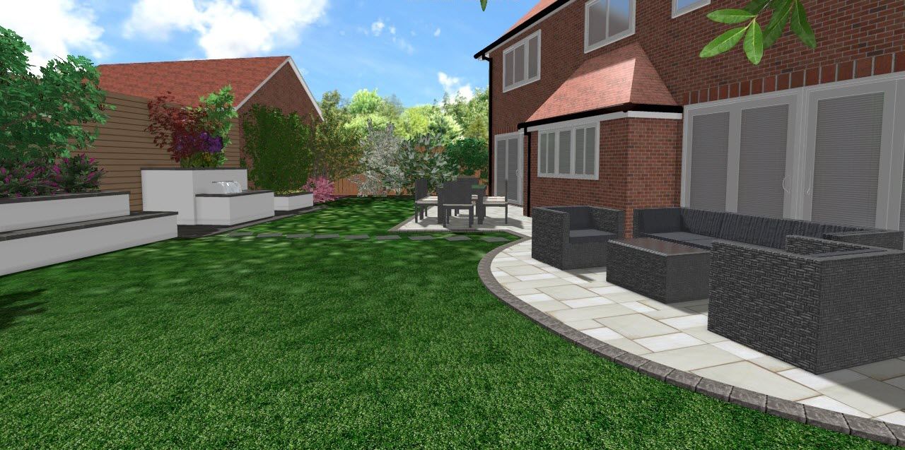 Backyard view with patio furniture and a grass lawn. The house is brick.