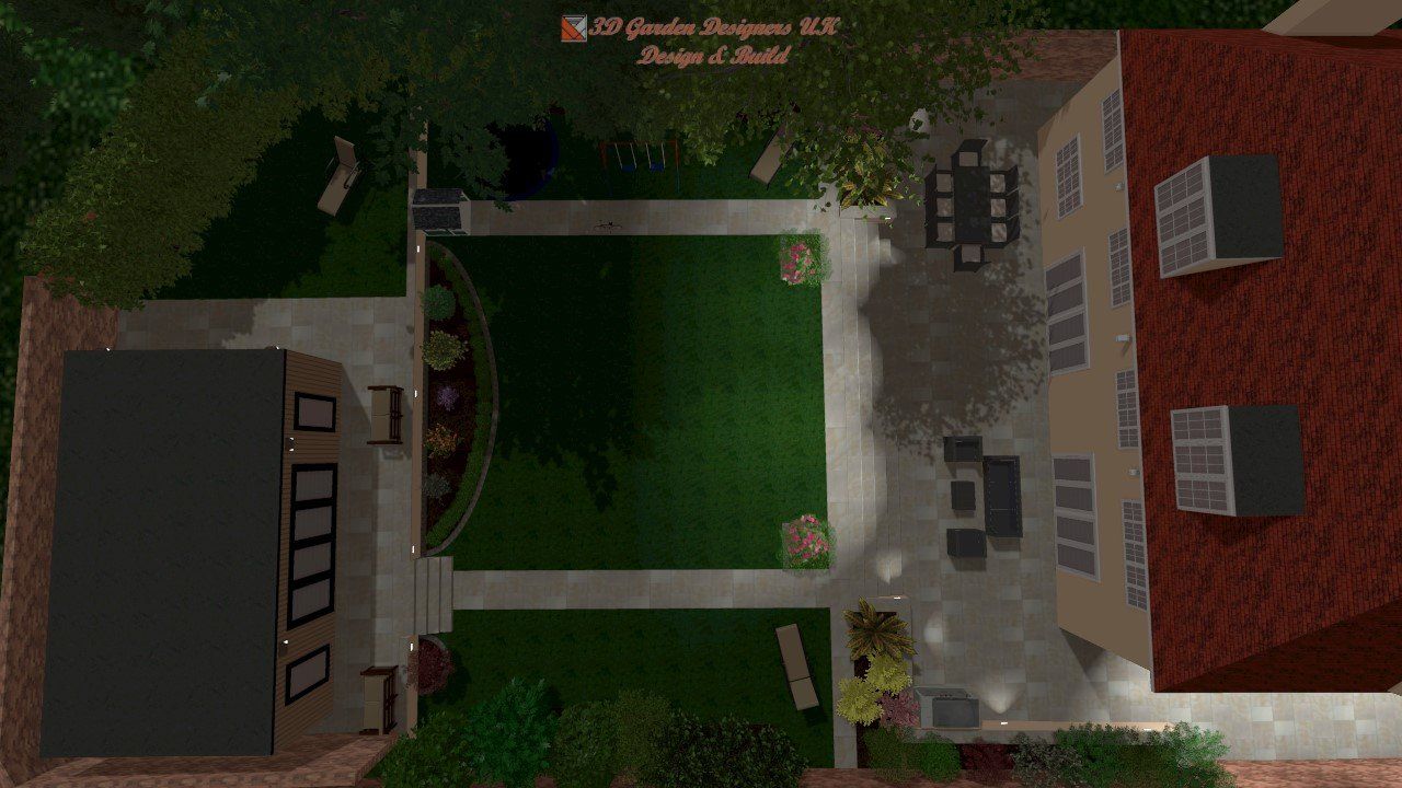 Overhead view of a backyard garden design with patio, lawn, and house.