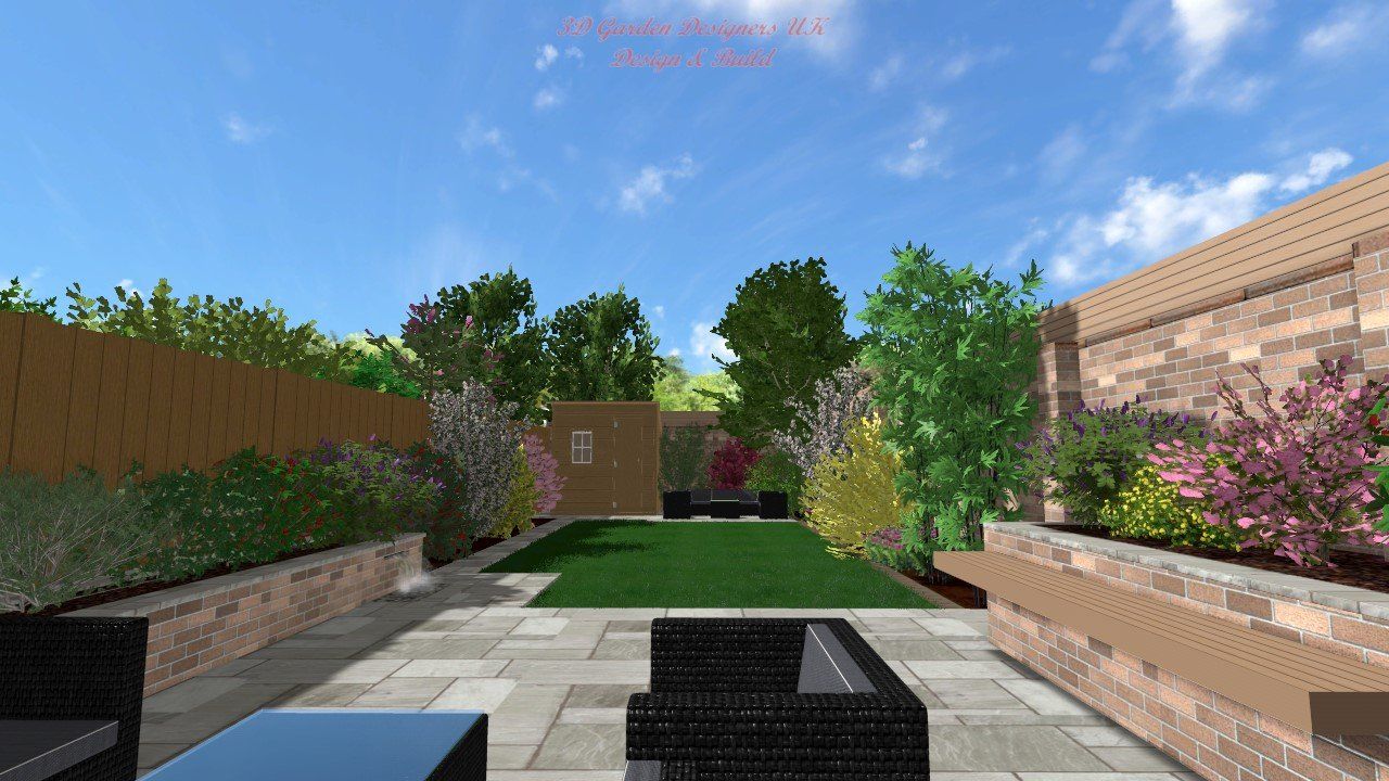 A backyard scene with patio, green lawn, flower beds, trees, and wooden fence against a bright blue sky.