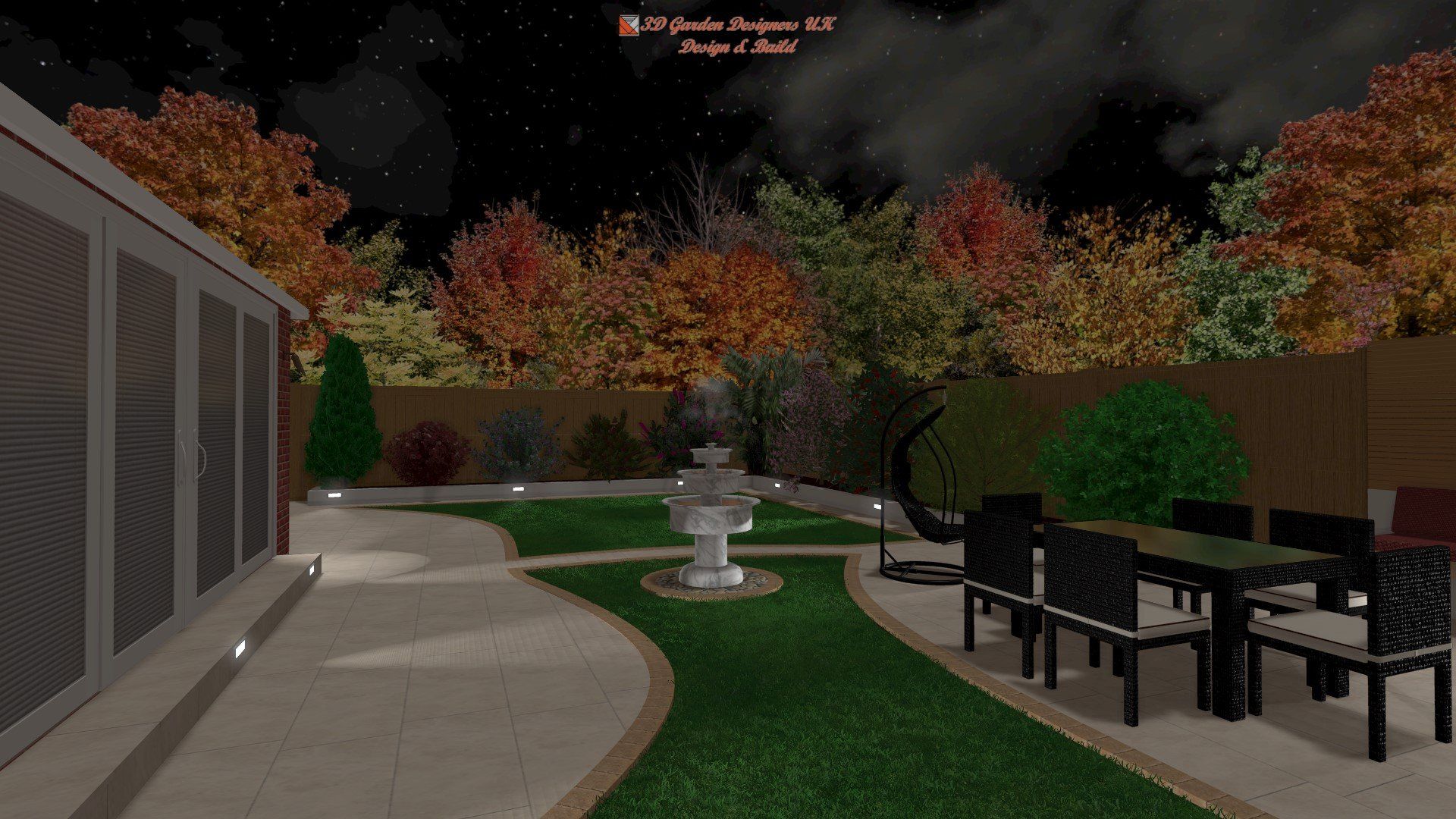 Nighttime backyard scene: patio furniture, fountain, trees with autumn foliage, and a starry sky.