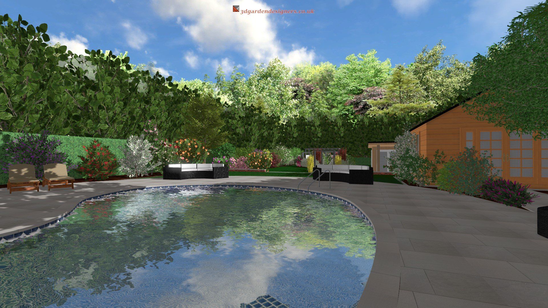 A backyard scene with a pool, hot tub, and wood-paneled building surrounded by lush greenery under a bright sky.