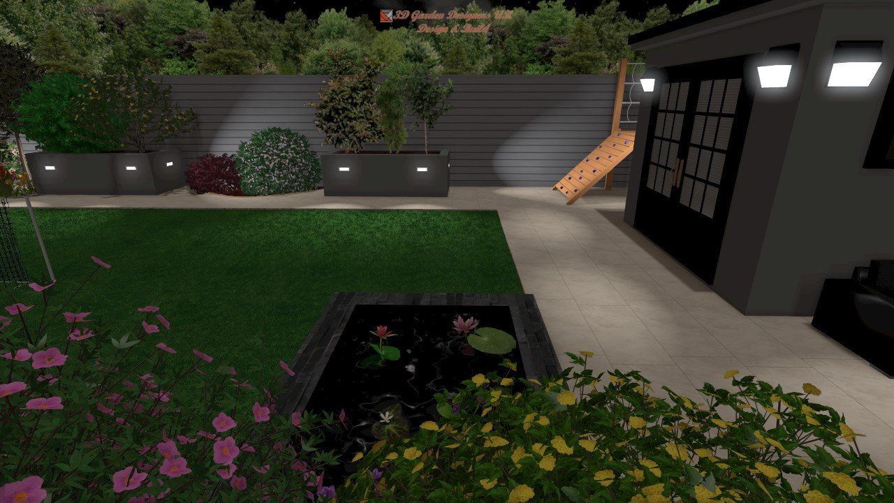Backyard at night, with illuminated flower beds, a dark pond, and a modern shed with outdoor lighting.