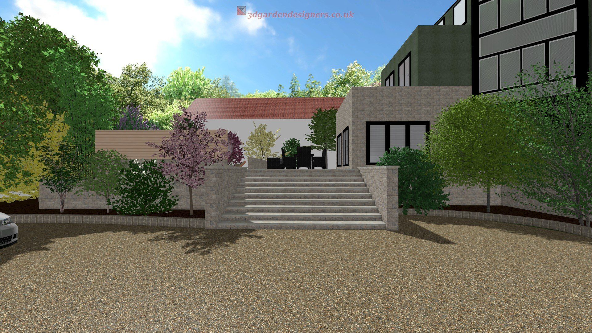 Modern house exterior with stone steps, trees, gravel drive, and a blue sky.