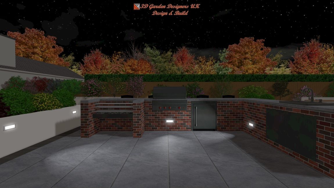 Brick outdoor kitchen with a grill, cabinets, and a night sky backdrop.